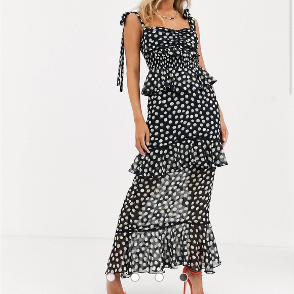 ASOS Dresses & Skirts - Tiered ruffle Maxi dress with tie shoulder detail in mixed polka print